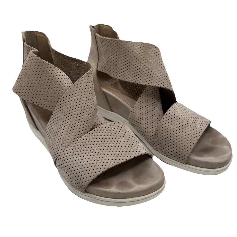 Eileen Fisher Wedge Sandals‎ Perforated Leather Taupe Zip Up Women's Shoes 9